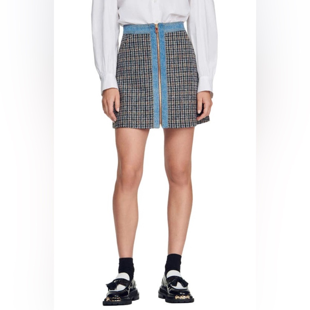 Sandro Tweed and Denim Zip Up Mini Skirt